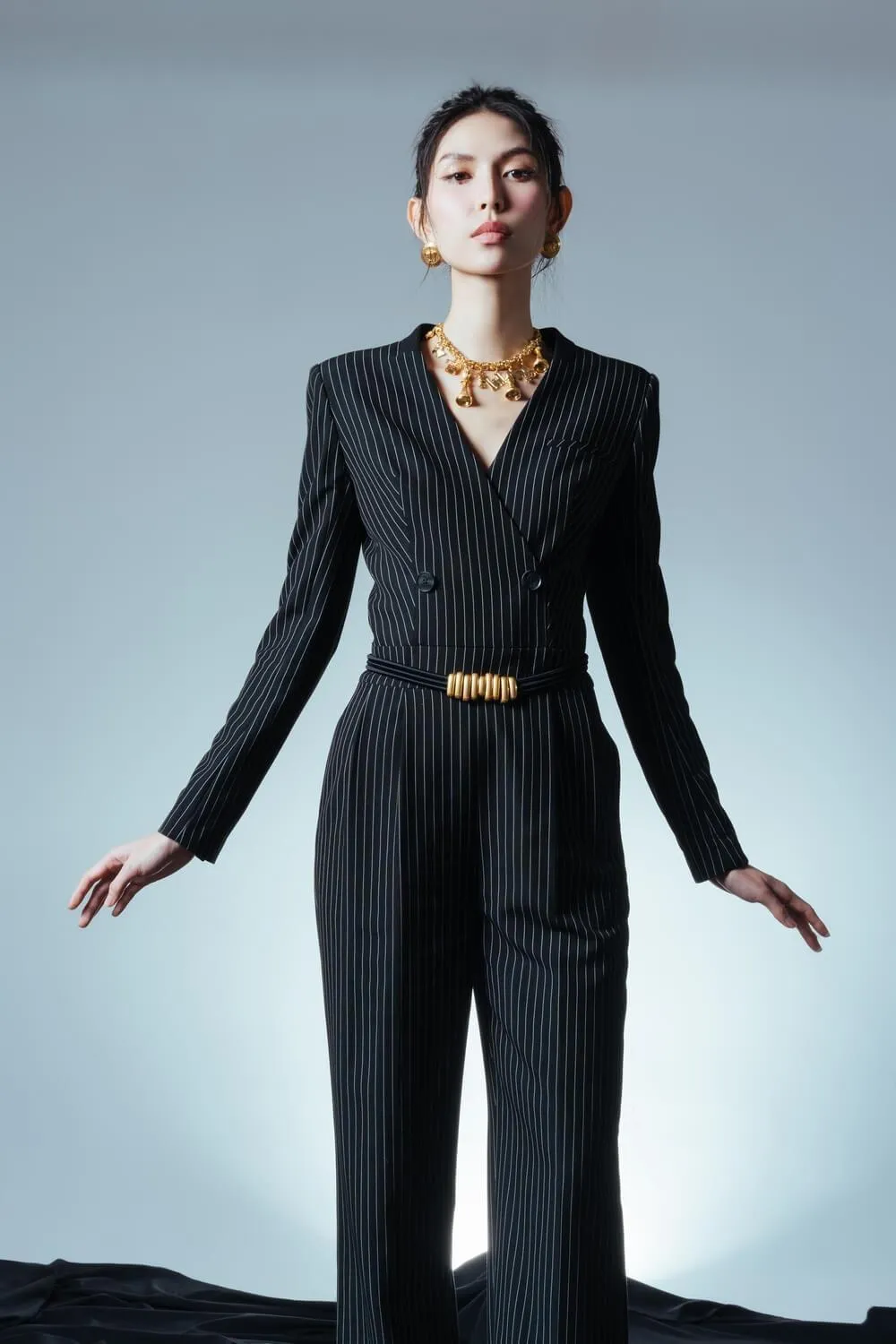 Nusa Straight V-Neck Wool Blend Long Length Jumpsuit