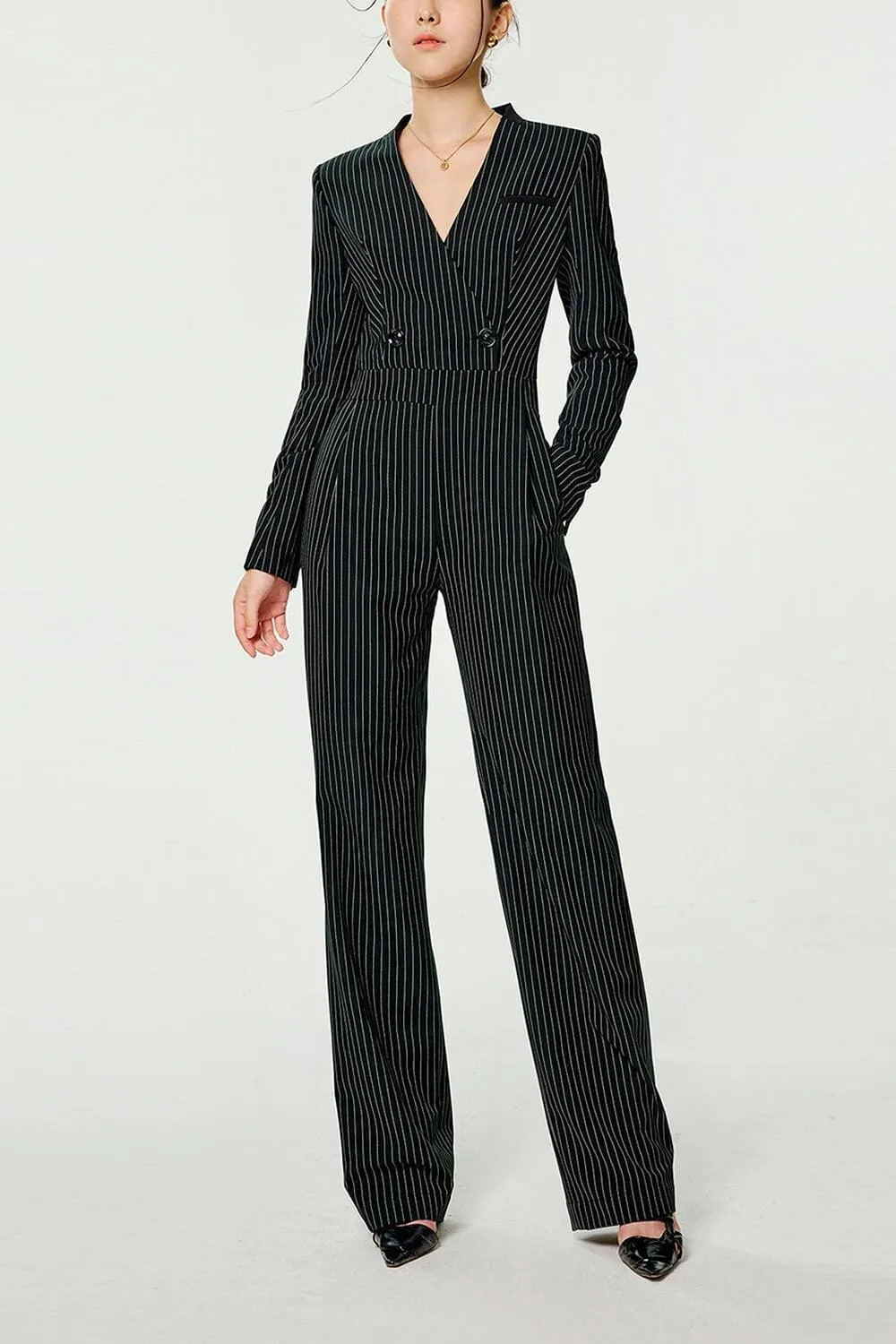 Nusa Straight V-Neck Wool Blend Long Length Jumpsuit
