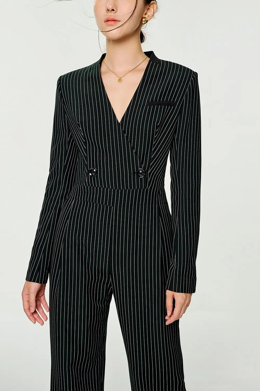 Nusa Straight V-Neck Wool Blend Long Length Jumpsuit