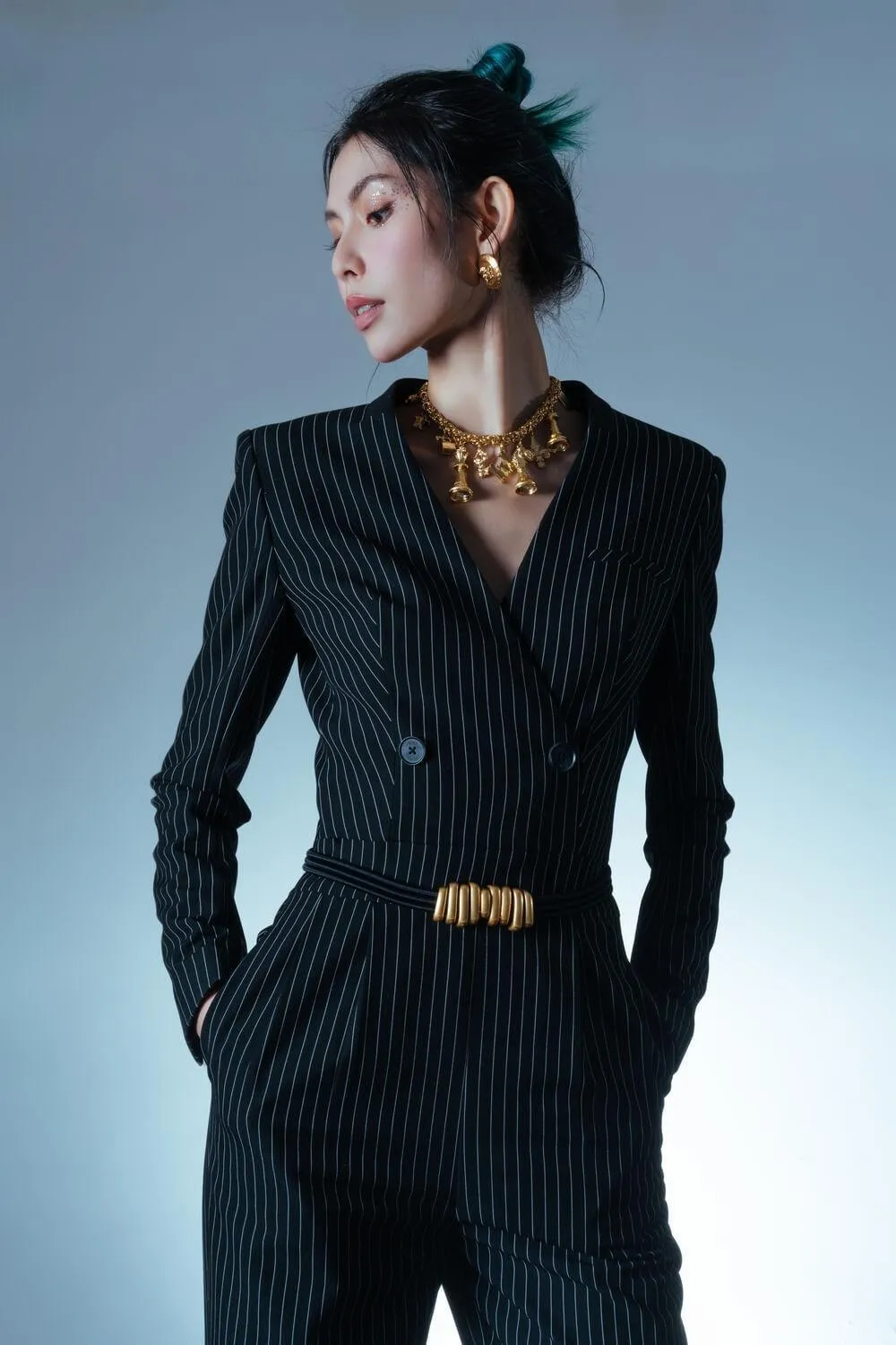 Nusa Straight V-Neck Wool Blend Long Length Jumpsuit