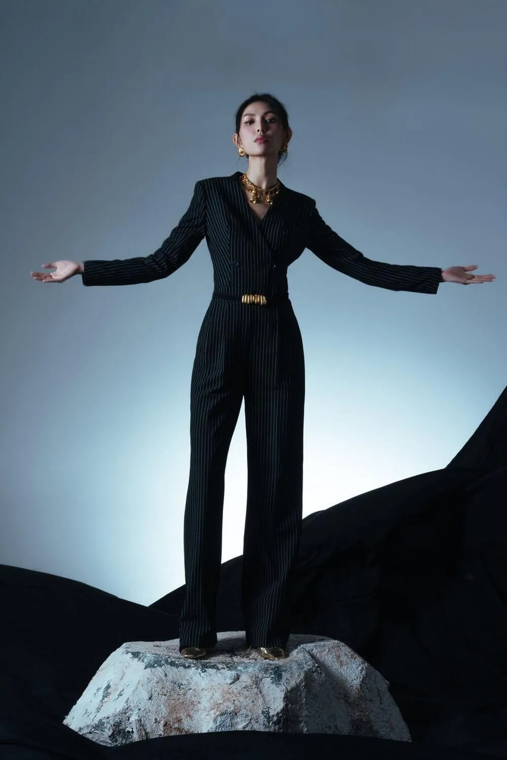 Nusa Straight V-Neck Wool Blend Long Length Jumpsuit