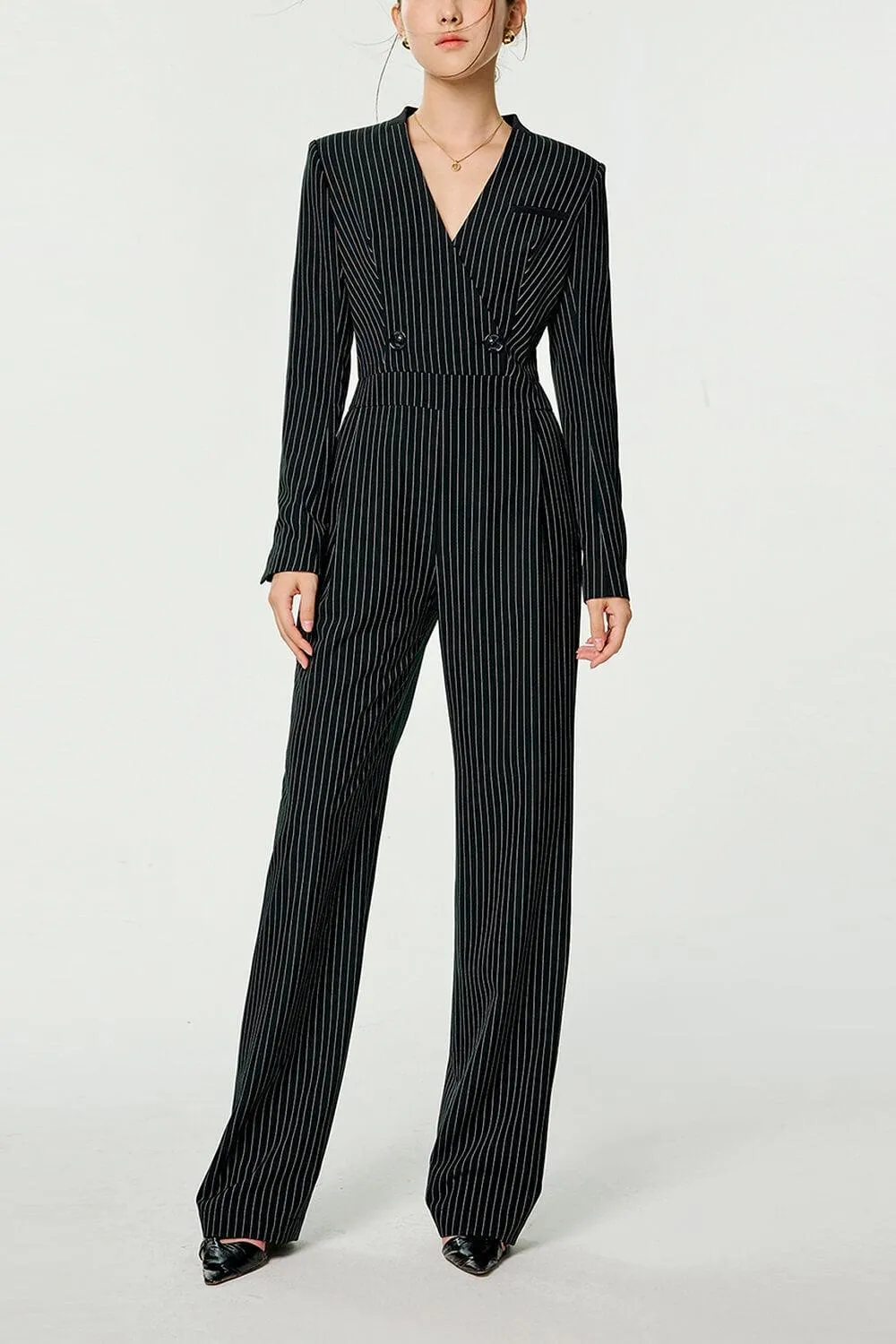 Nusa Straight V-Neck Wool Blend Long Length Jumpsuit