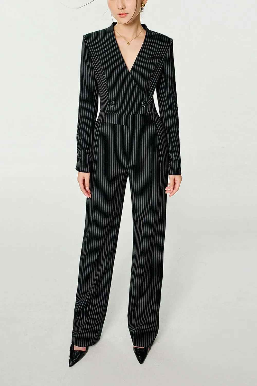 Nusa Straight V-Neck Wool Blend Long Length Jumpsuit