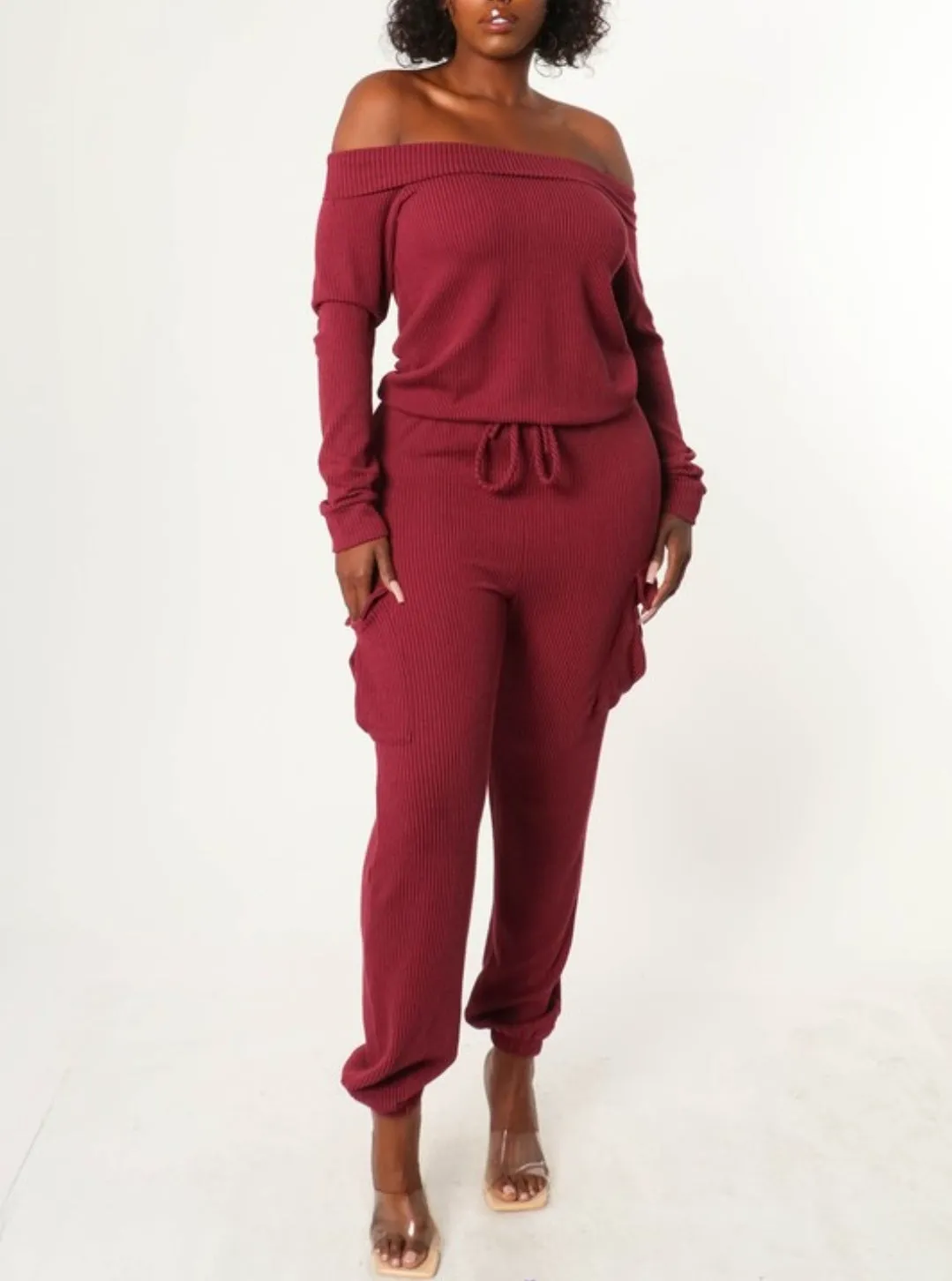 Off the Shoulder Cargo Jumpsuit
