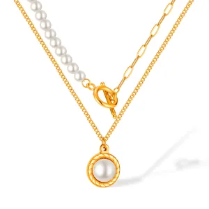 Pearl and OT Clasp Pendant Two Layers Stacked Necklace
