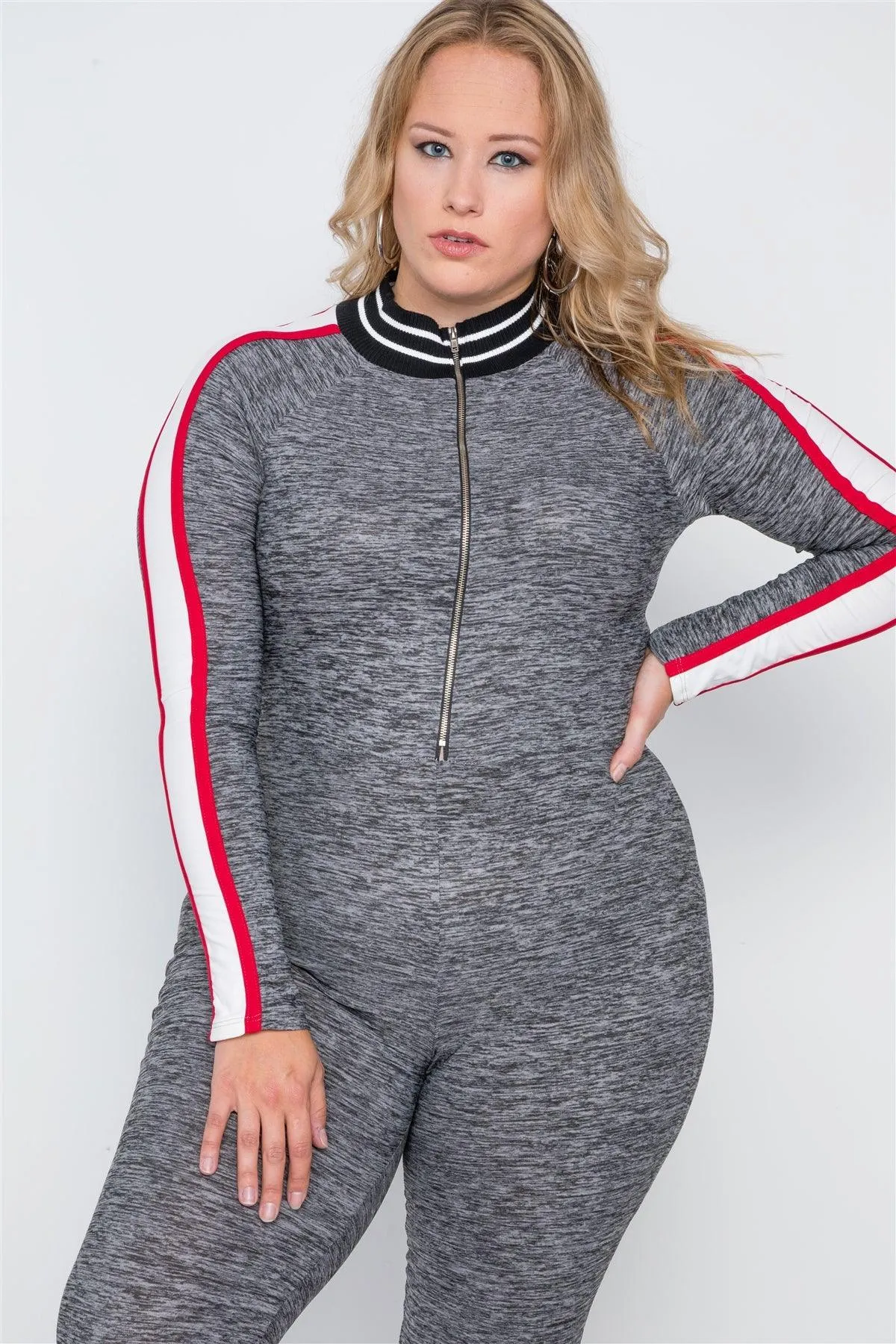 Plus Size Grey Heathered Colorblock Front Zip Jumpsuit