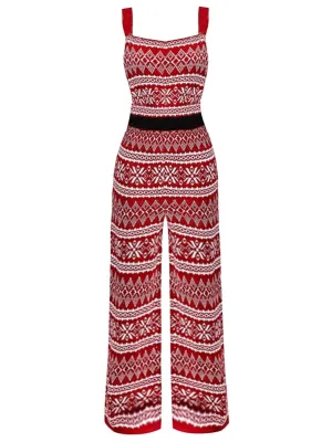 Red 1970s Christmas Straps Knitted Jumpsuit