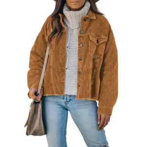 Ripped Hem Oversized Tan Corduroy Trucker Jacket  Winter Cord Coat Womens