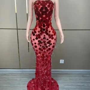 Robynn Strapless Red Sequins Transparent Maxi Dress