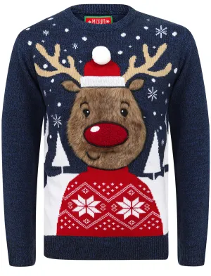 Rudolph Jumper Novelty Christmas Jumper with Faux Fur Applique in Sapphire Twist - Merry Christmas