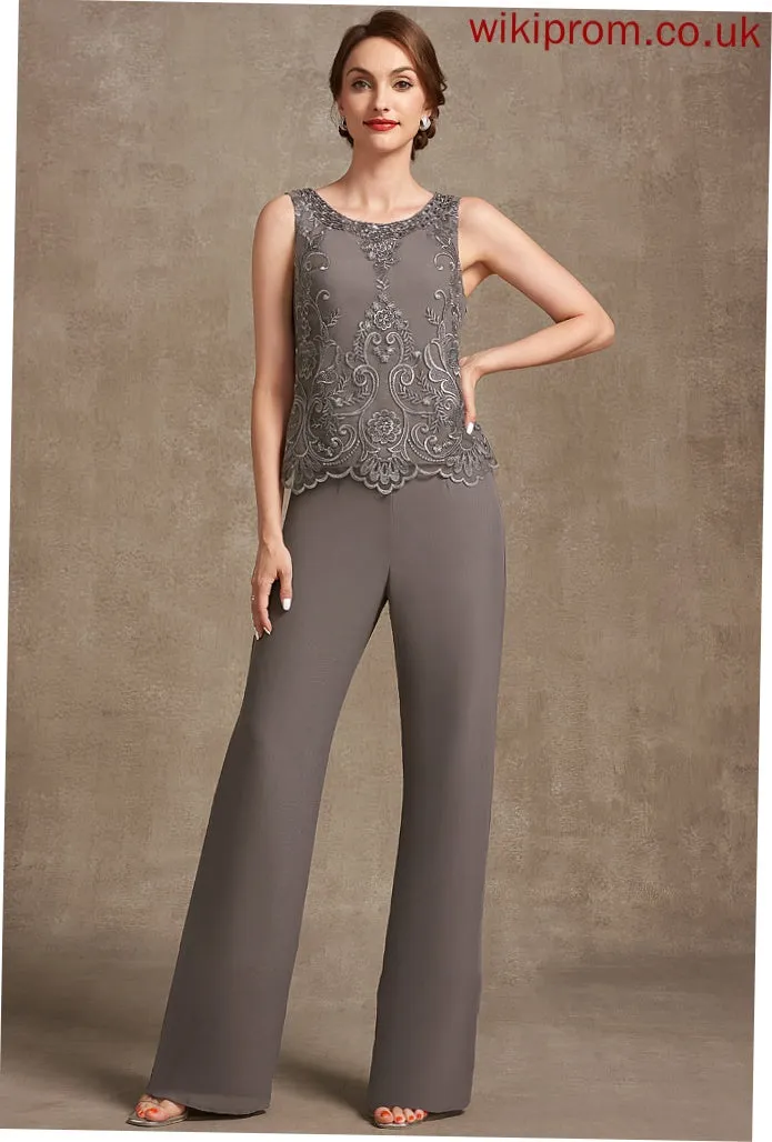 Scoop Chiffon Floor-Length Sequins Jumpsuit/Pantsuit Bride Henrietta Lace Mother With Neck Beading of the Dress Mother of the Bride Dresses
