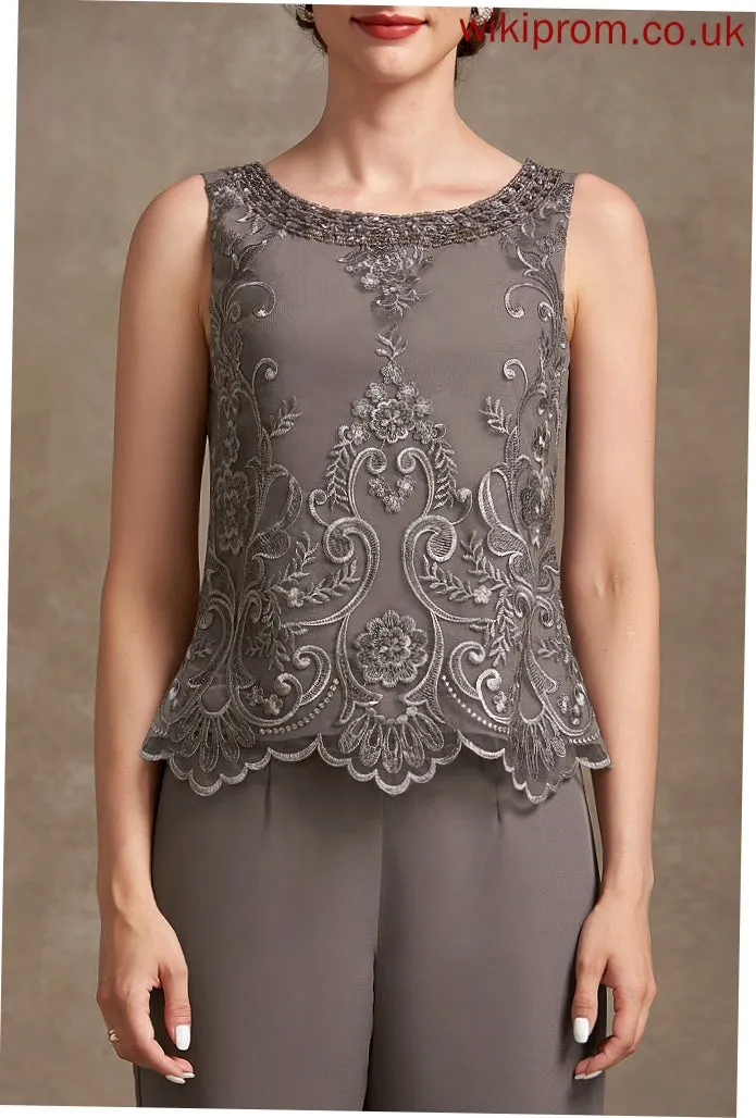 Scoop Chiffon Floor-Length Sequins Jumpsuit/Pantsuit Bride Henrietta Lace Mother With Neck Beading of the Dress Mother of the Bride Dresses
