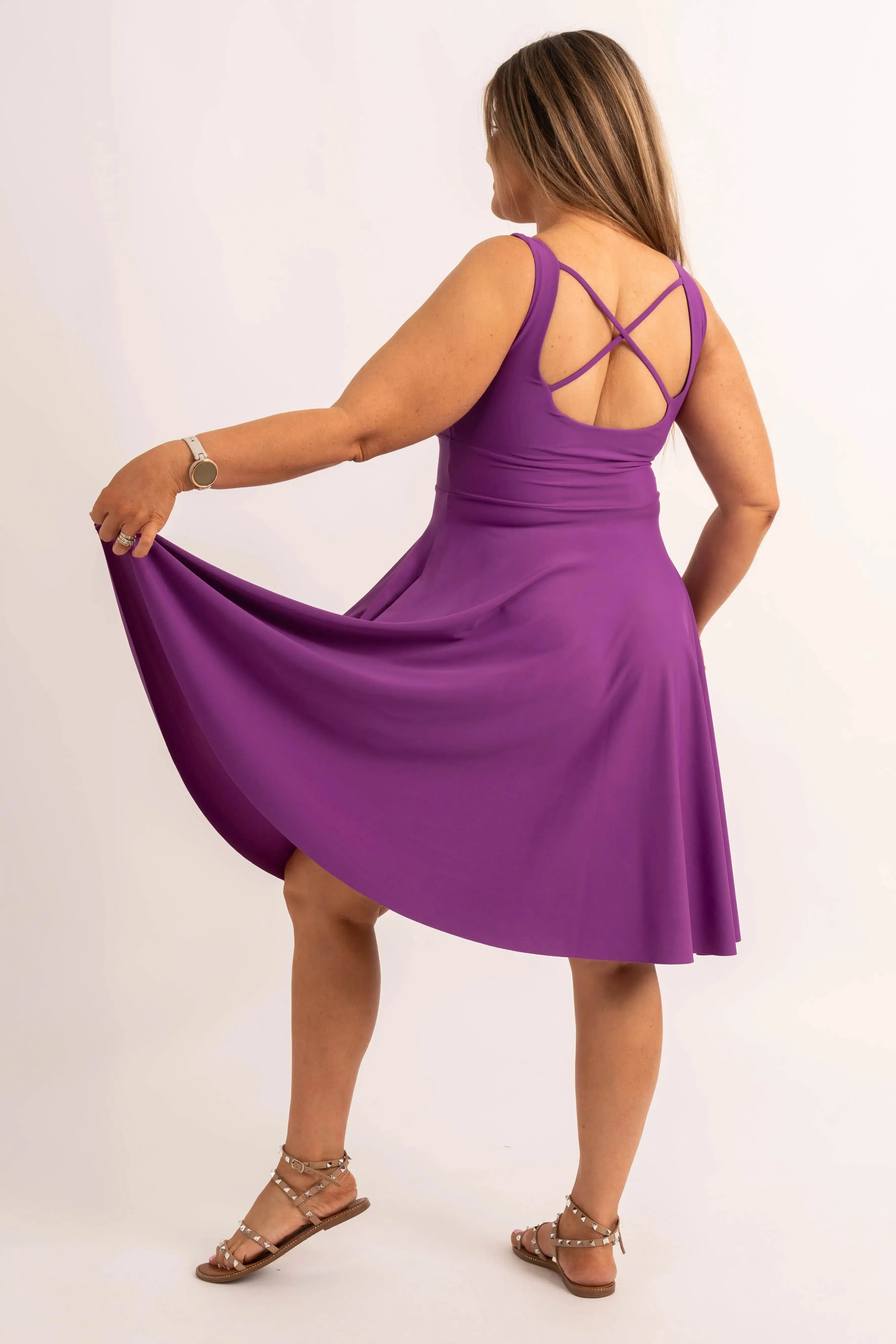 Silky Scoop Neck Comfort Crop Midi Dress W/ Pockets - Purple