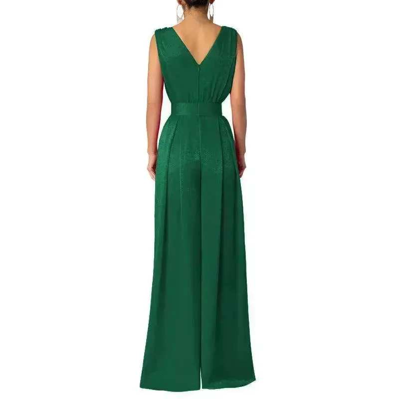 Solid Color And V-neck High Waist Wide Leg Jumpsuit