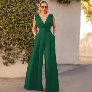 Solid Color And V-neck High Waist Wide Leg Jumpsuit