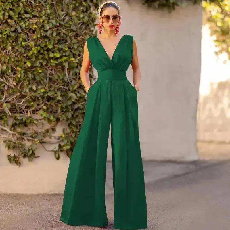 Solid Color And V-neck High Waist Wide Leg Jumpsuit