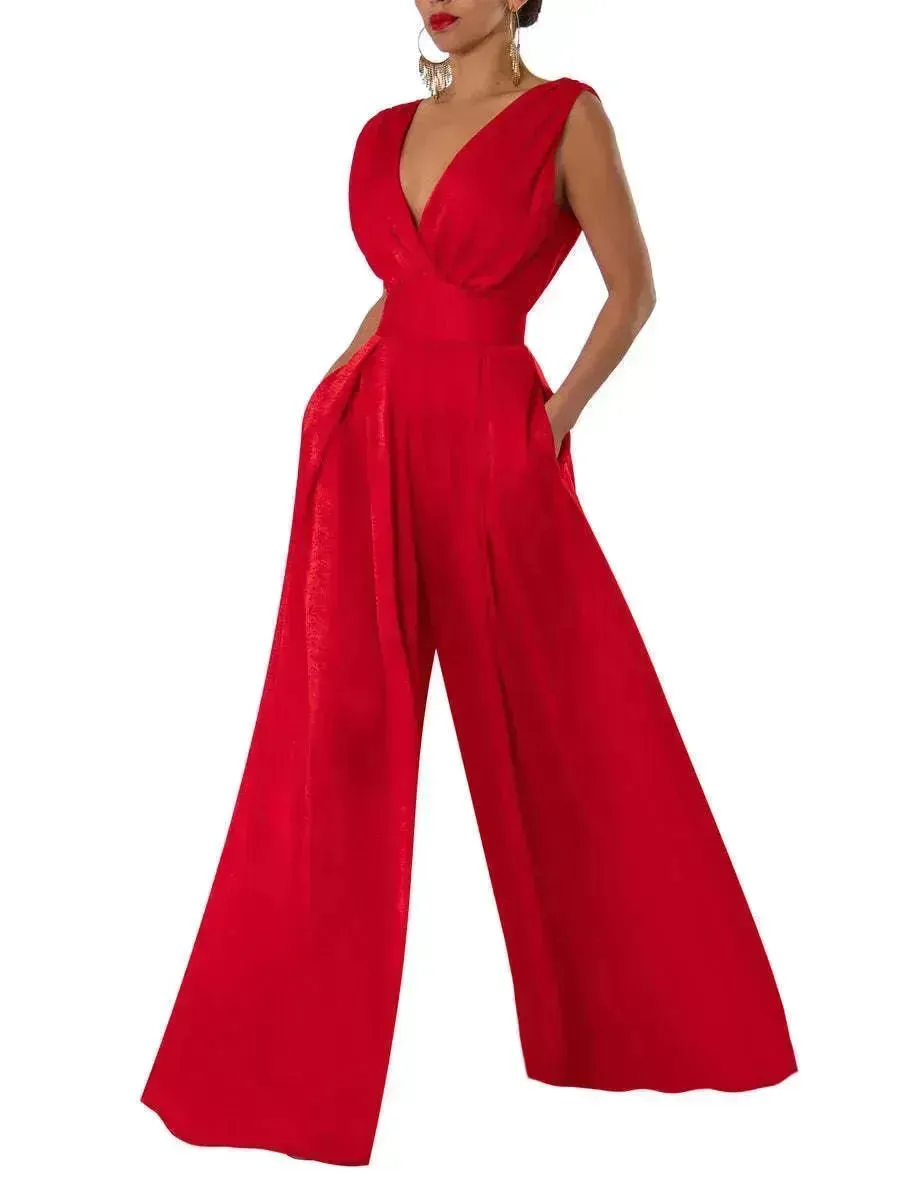 Solid Color And V-neck High Waist Wide Leg Jumpsuit
