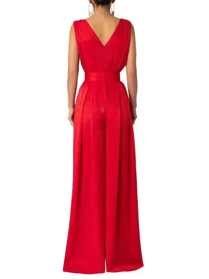Solid Color And V-neck High Waist Wide Leg Jumpsuit