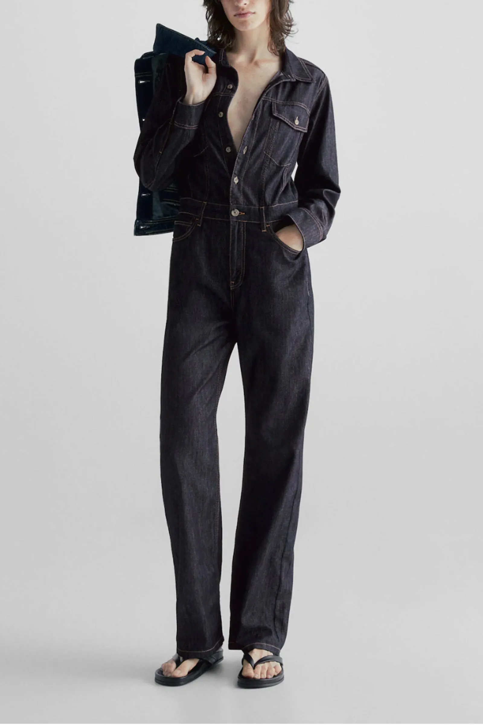 Straight, Rinse Wash Denim Jumpsuit with Topstitching