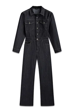 Straight, Rinse Wash Denim Jumpsuit with Topstitching