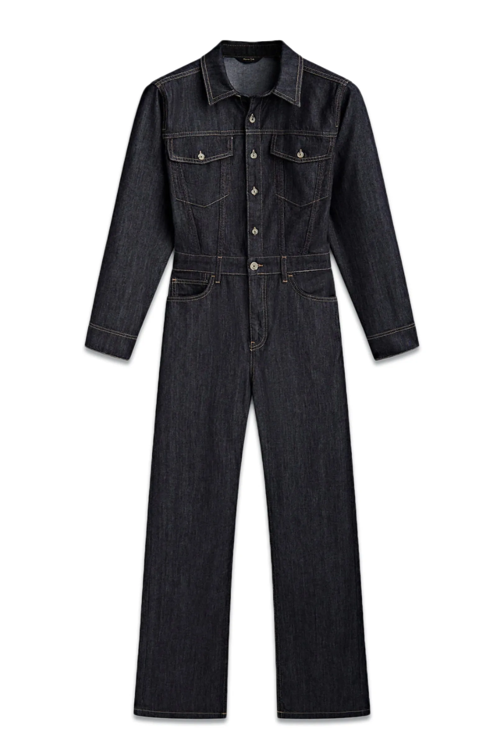 Straight, Rinse Wash Denim Jumpsuit with Topstitching