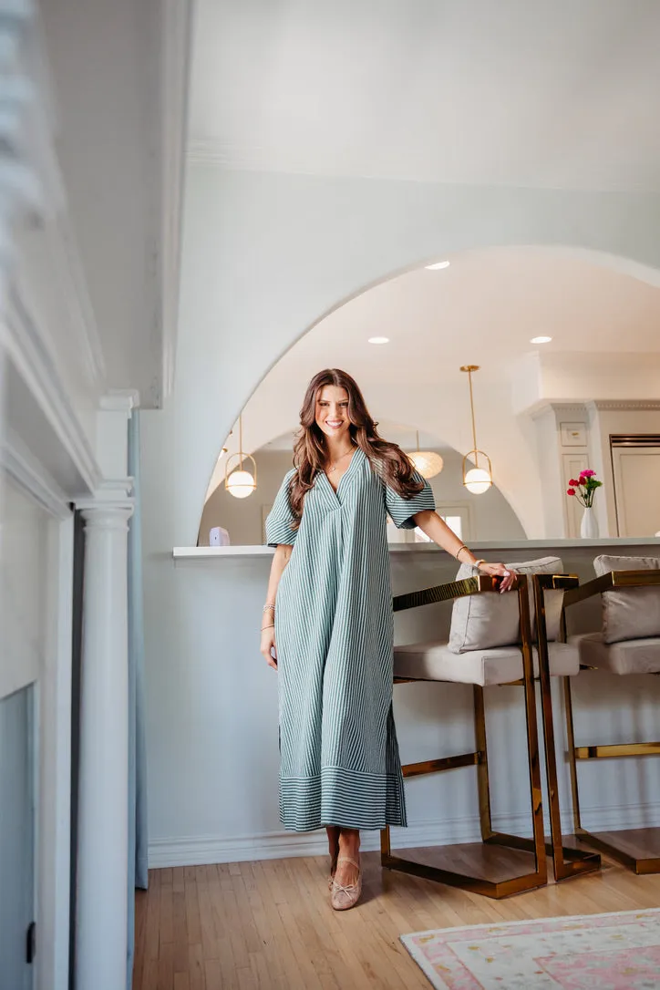 Stripe Vneck Puff Sleeve Maxi Dress