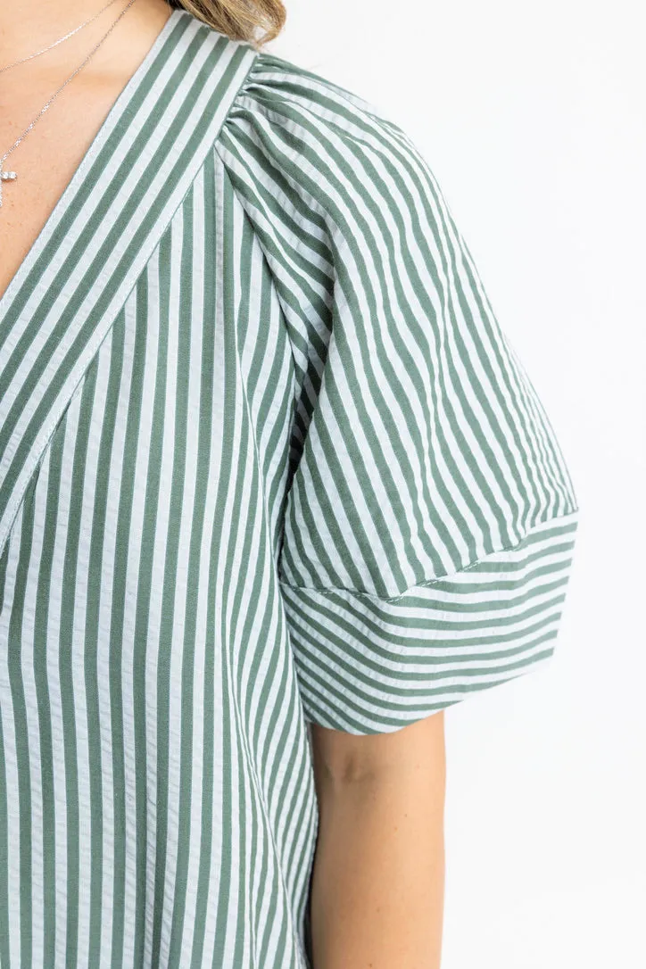 Stripe Vneck Puff Sleeve Maxi Dress
