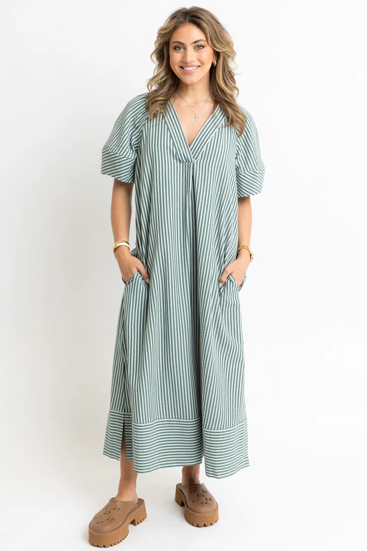Stripe Vneck Puff Sleeve Maxi Dress