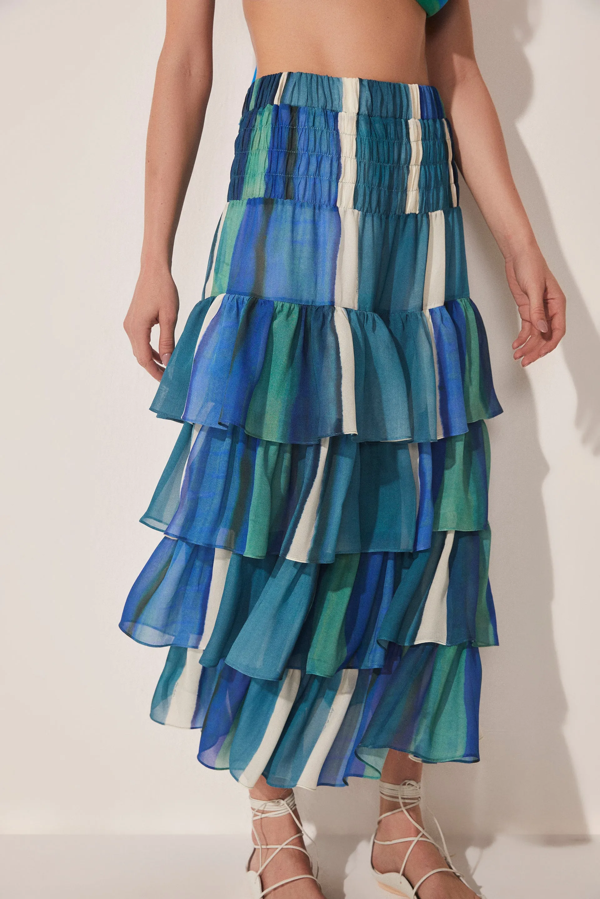 Striped Water Mirror Ruffled Midi Skirt E4617A1643