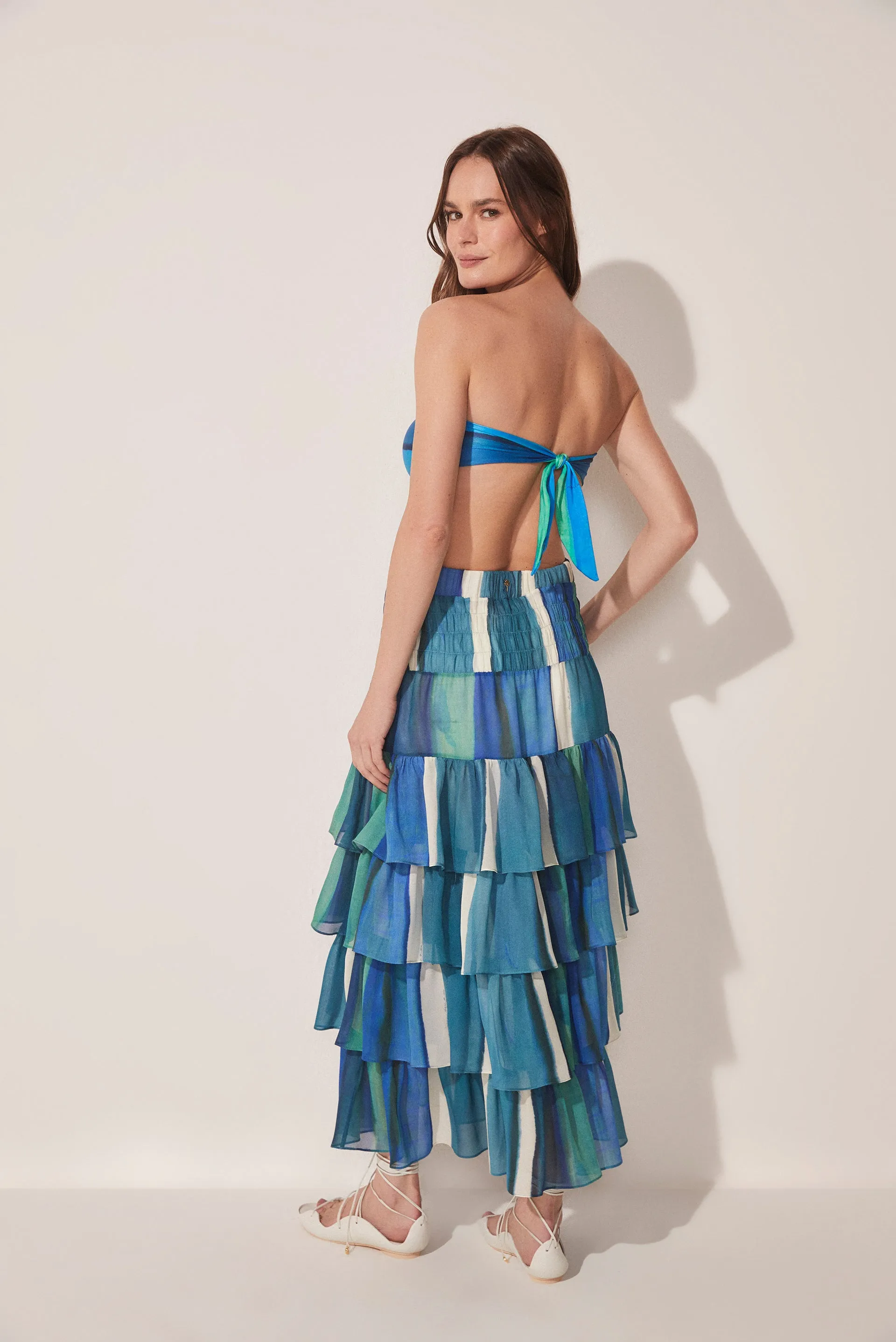 Striped Water Mirror Ruffled Midi Skirt E4617A1643