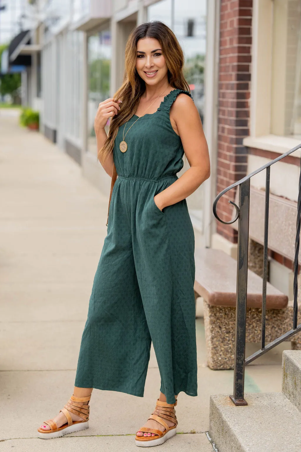 Subtle Textured Ruched Strap Jumpsuit