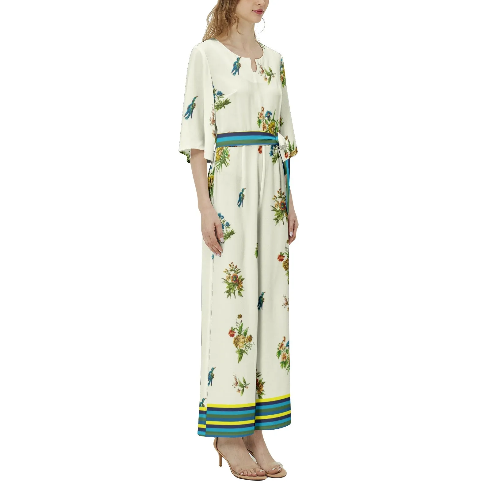 Summertime Collage Dolman Sleeve Belted Wide Leg Jumpsuit