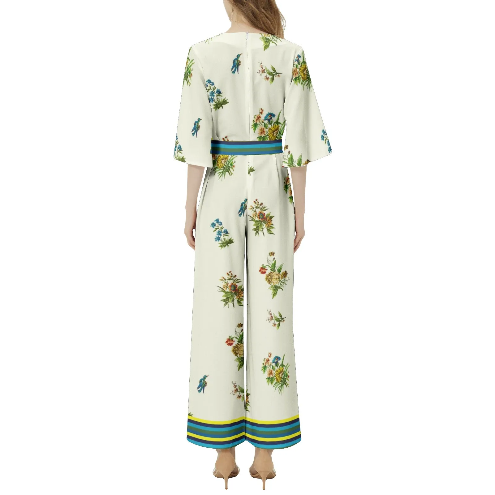 Summertime Collage Dolman Sleeve Belted Wide Leg Jumpsuit