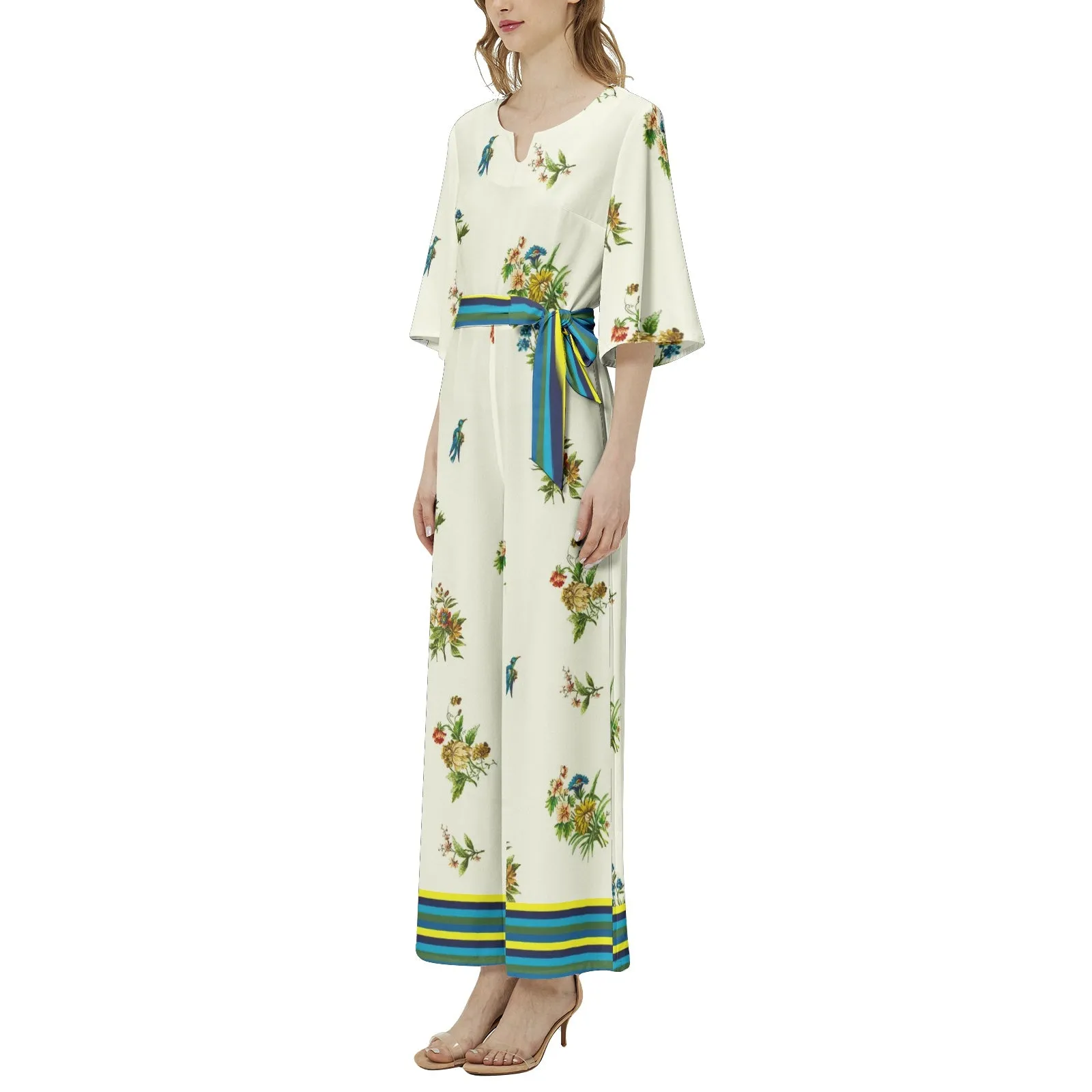 Summertime Collage Dolman Sleeve Belted Wide Leg Jumpsuit