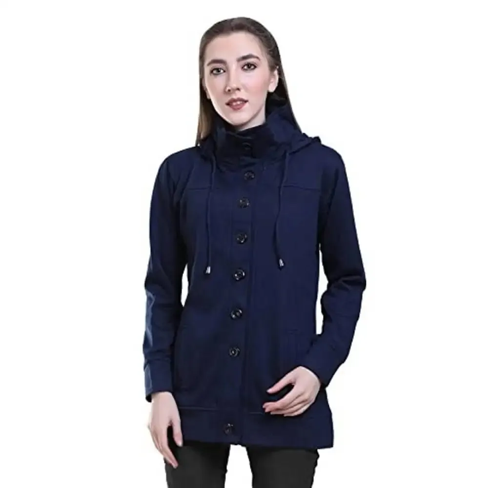 SWEEKASH Women Woollen Solid Round Full Sleeves Casual Buttoned Coat- Black