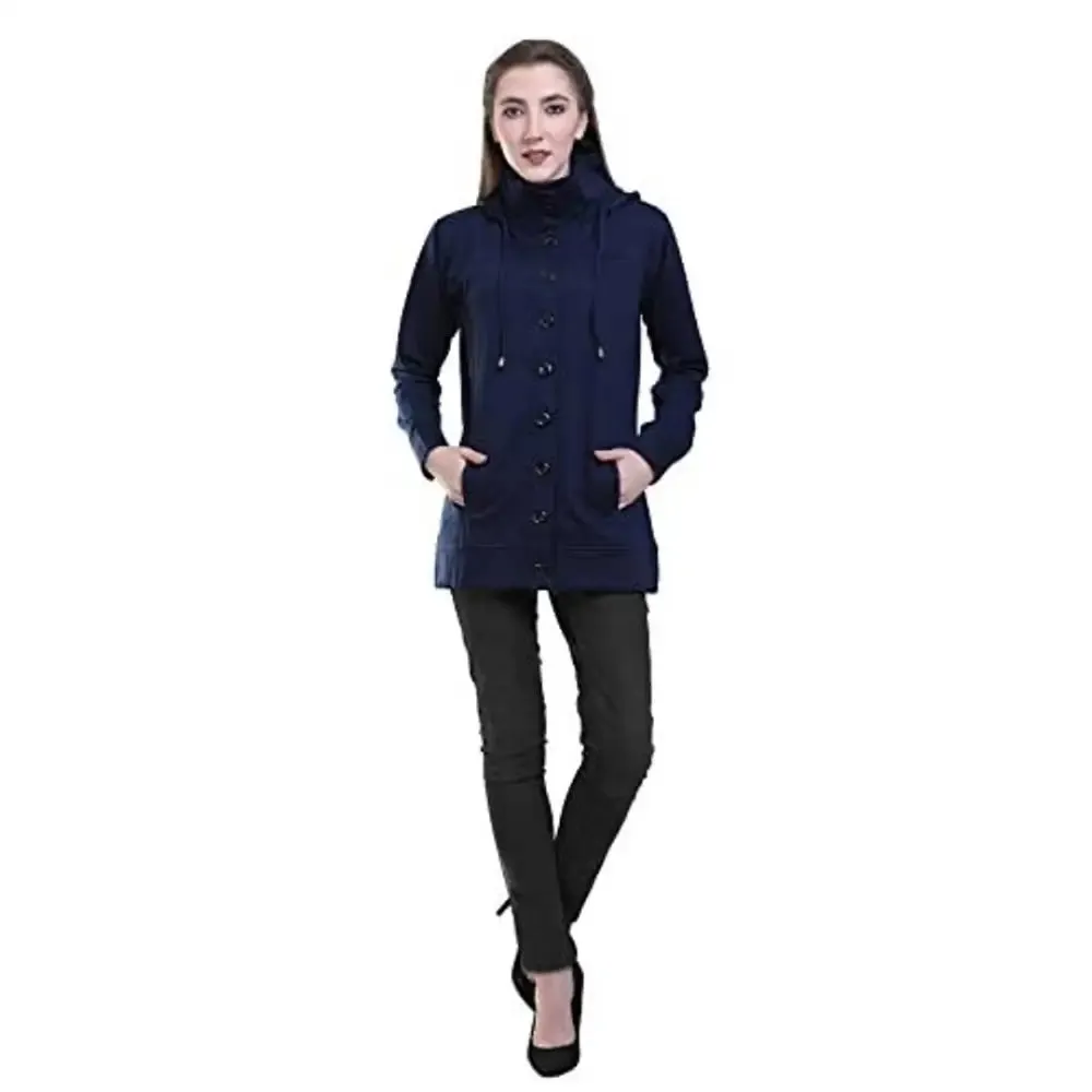 SWEEKASH Women Woollen Solid Round Full Sleeves Casual Buttoned Coat- Black