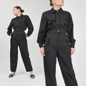 Vintage 80s Black Wool Jumpsuit Collared Button Down High Waisted Tapered Leg Pantsuit S