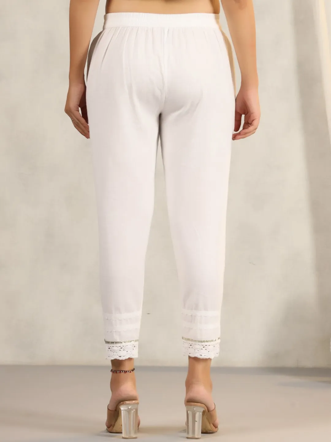 White Soild Cotton Flex Pants With Lace Work