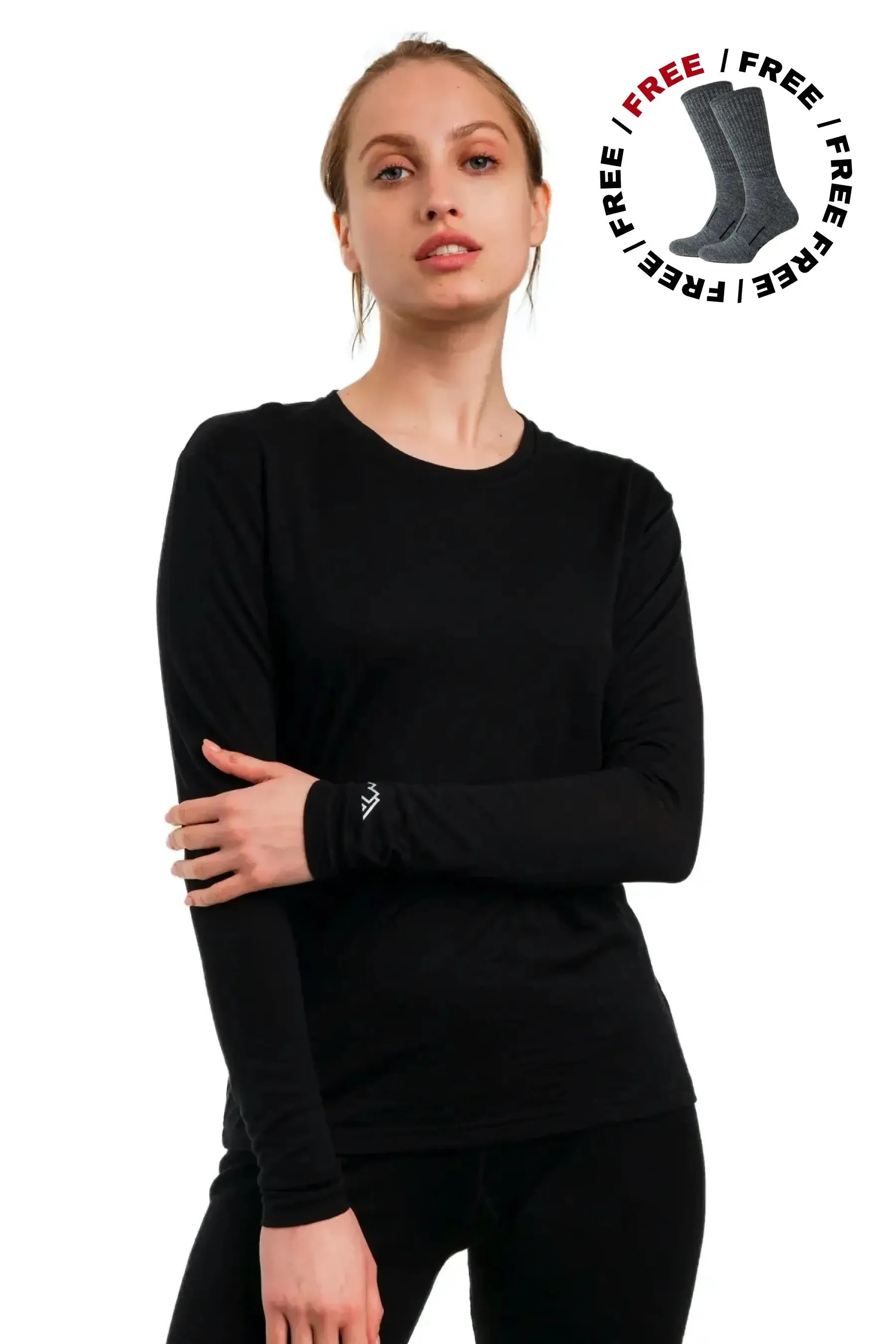 Women Merino Wool 165 Base Layer Long Sleeve Black   Wool Socks