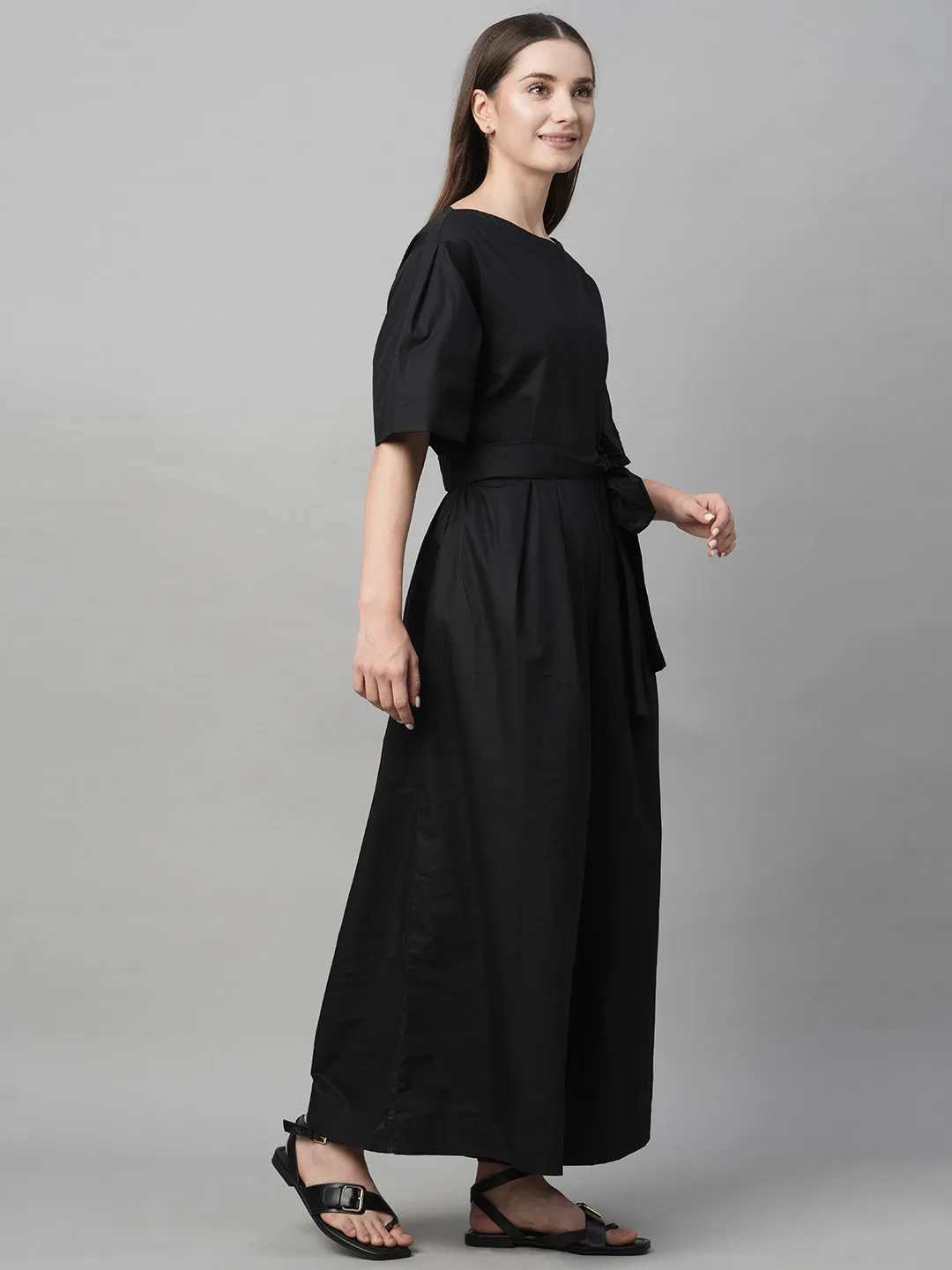 Women's Black Cotton Boxy Fit Jumpsuit