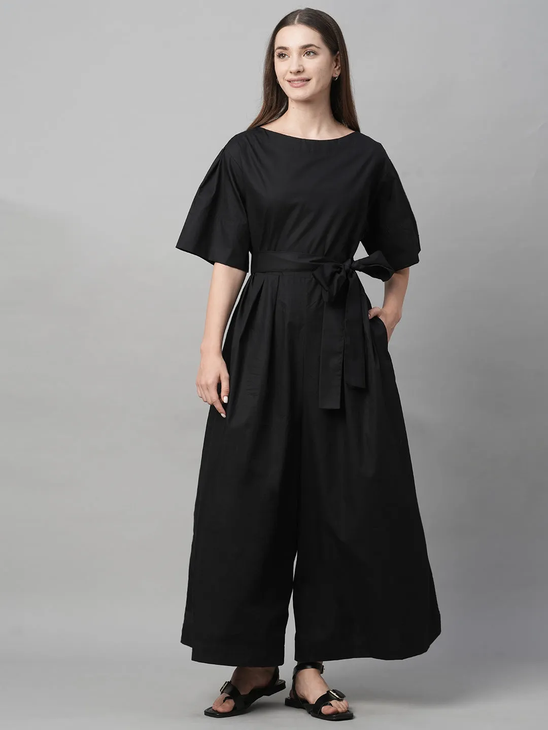 Women's Black Cotton Boxy Fit Jumpsuit