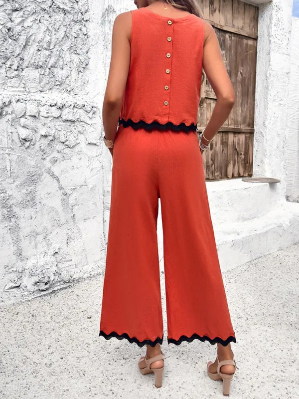 Women's Matching Ric-Rac Vacation Set - Sleeveless Top & Culotte Pants