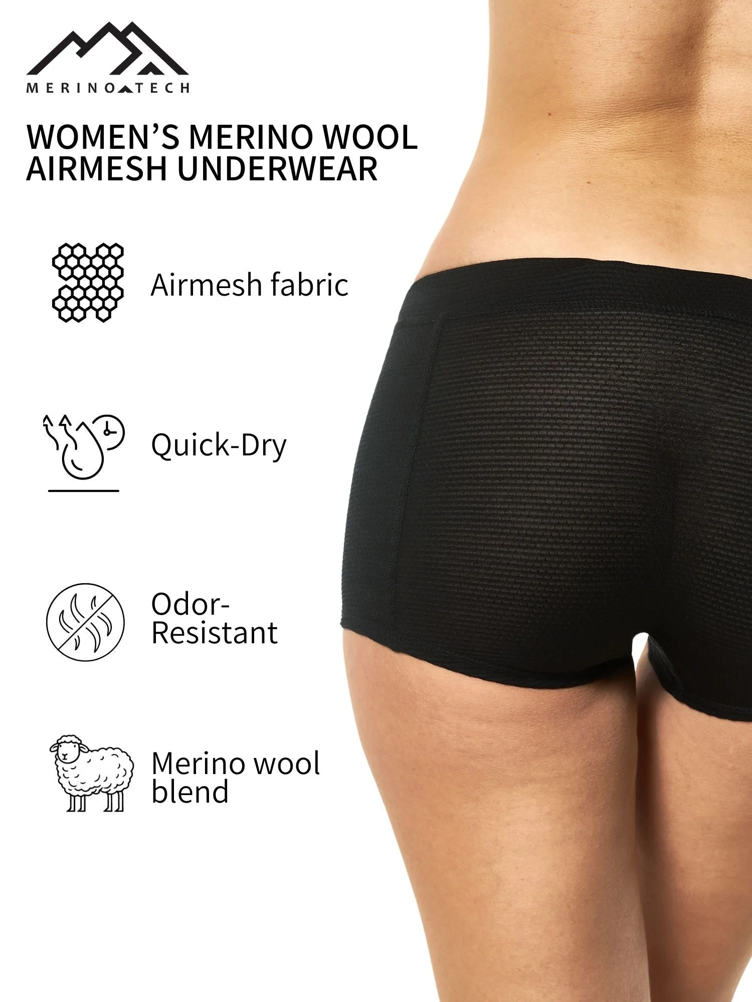 Women's Merino Boxers Airmesh Black (1 Pack)