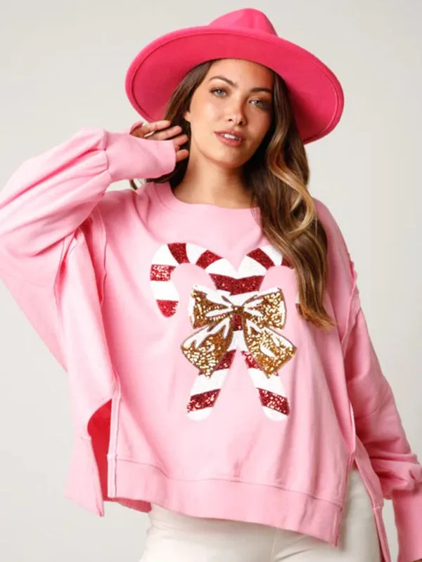 Women's Sequined Candy Cane Oversized Christmas Jumper