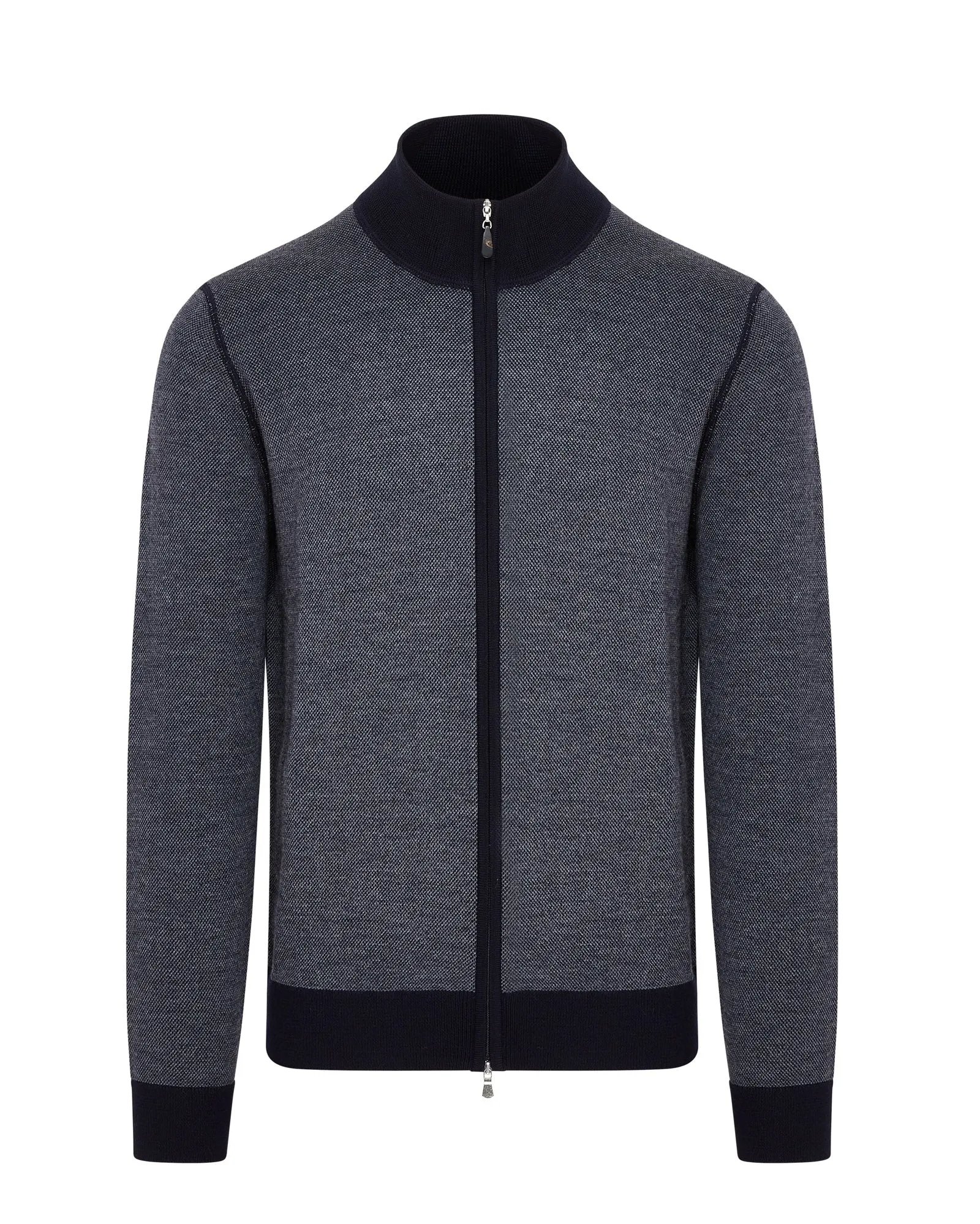 Zattura Full Zip Micro Detail Textured Knit Jumper (Navy)