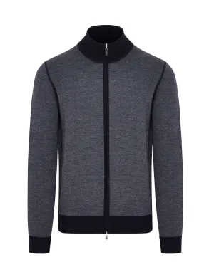 Zattura Full Zip Micro Detail Textured Knit Jumper (Navy)